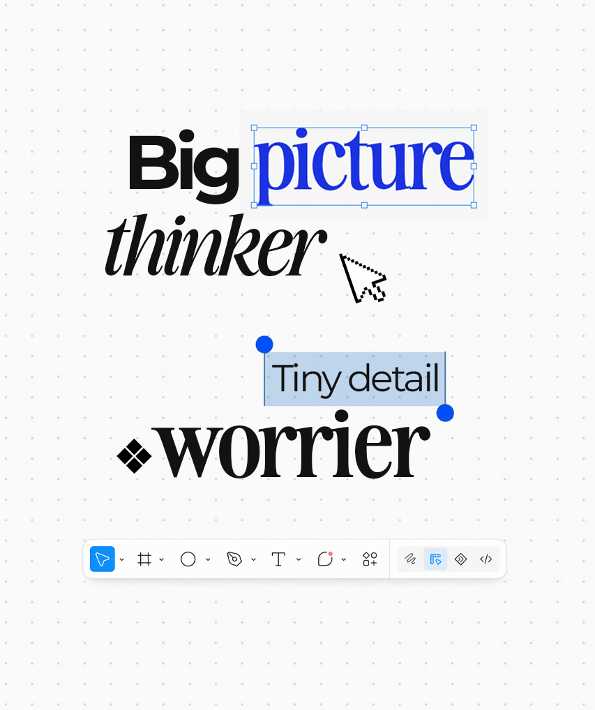A dotted design canvas reading Big picture thinker and Tiny detail worrier.