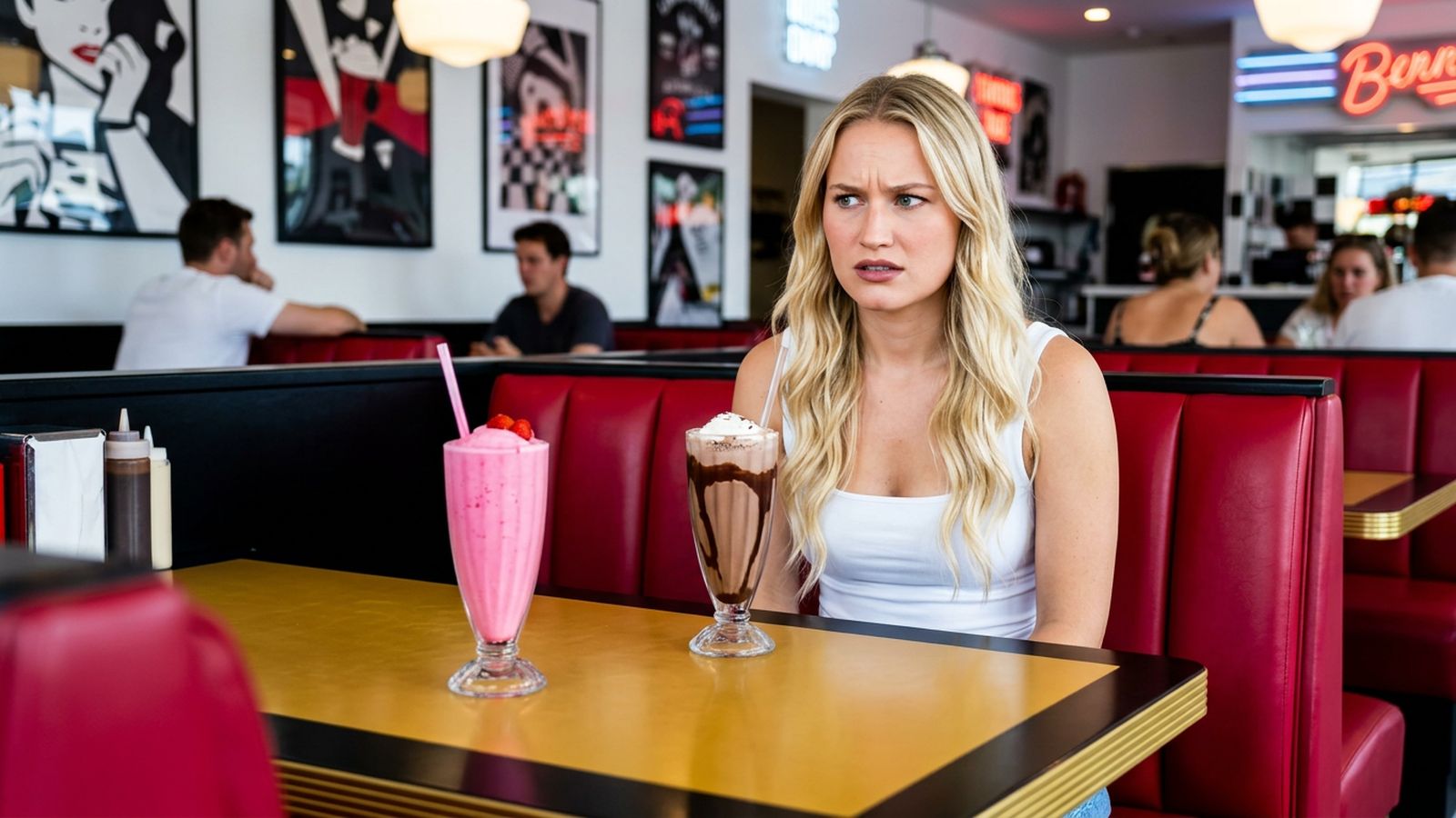 A woman in a diner booth looks warily at two milkshakes she has to choose between.