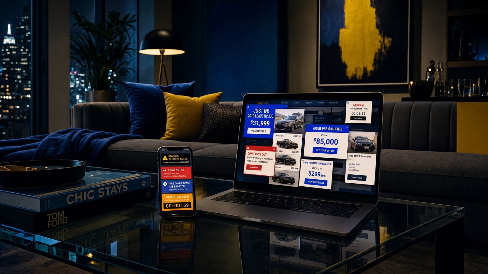 A living room crowded with floating car listings and price cards.