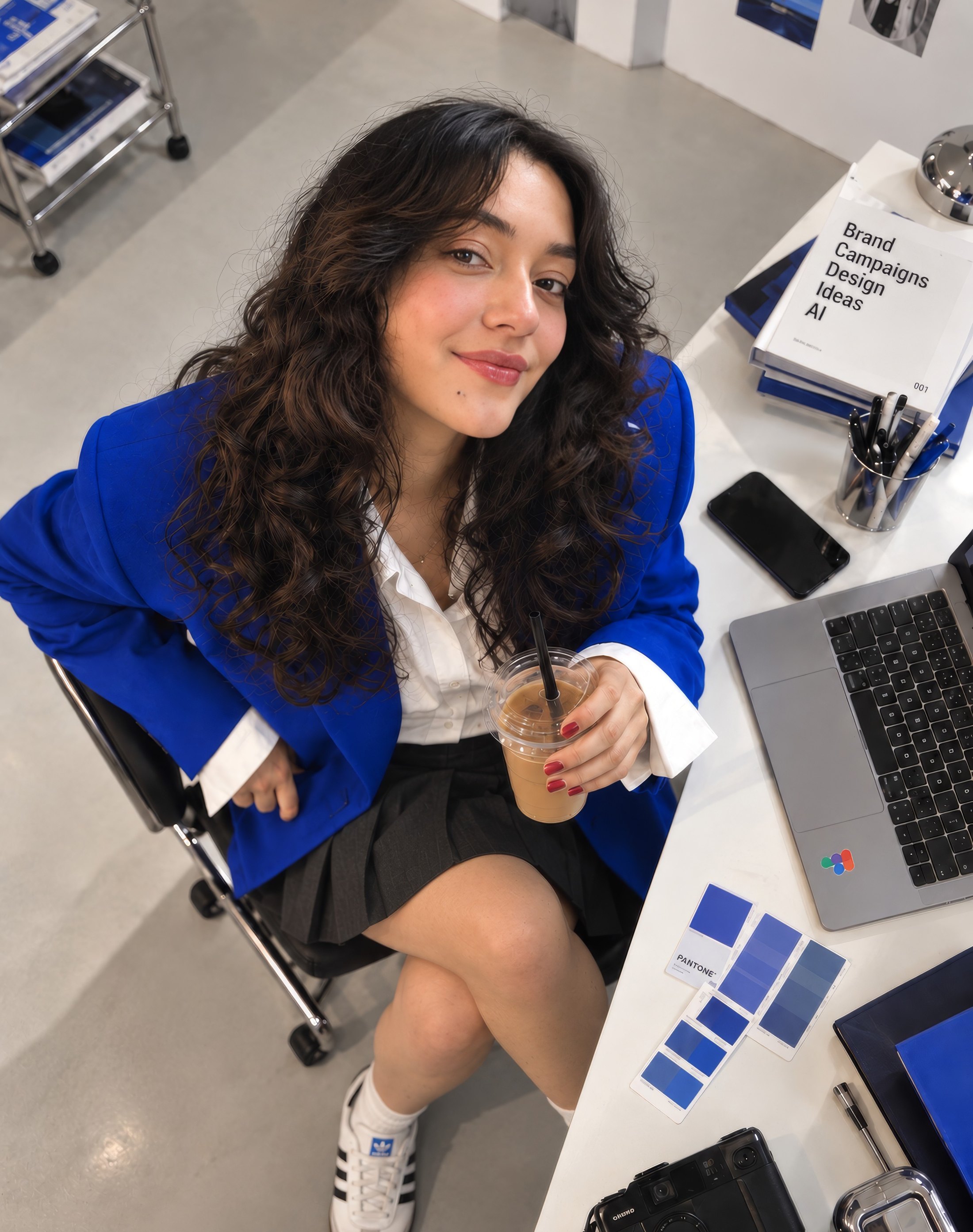 Priya Rawal at her desk in a blue blazer — Pantone chips, a laptop and a stack of brand books around her.
