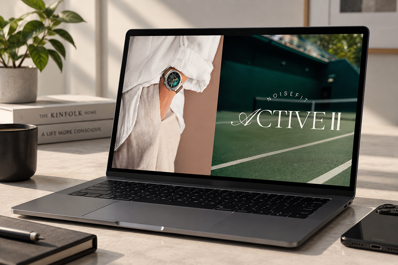 NoiseFit Active II launch identity displayed on a laptop in a refined interior.