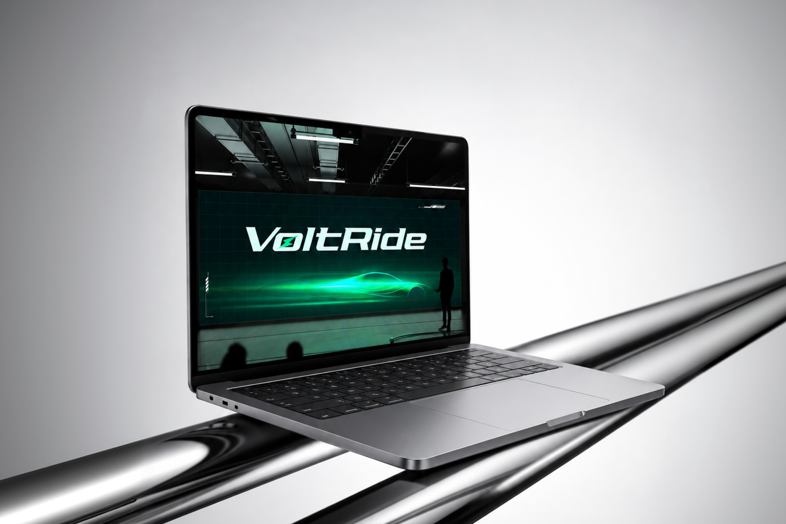 VoltRide brand identity displayed on a laptop in a chrome environment.